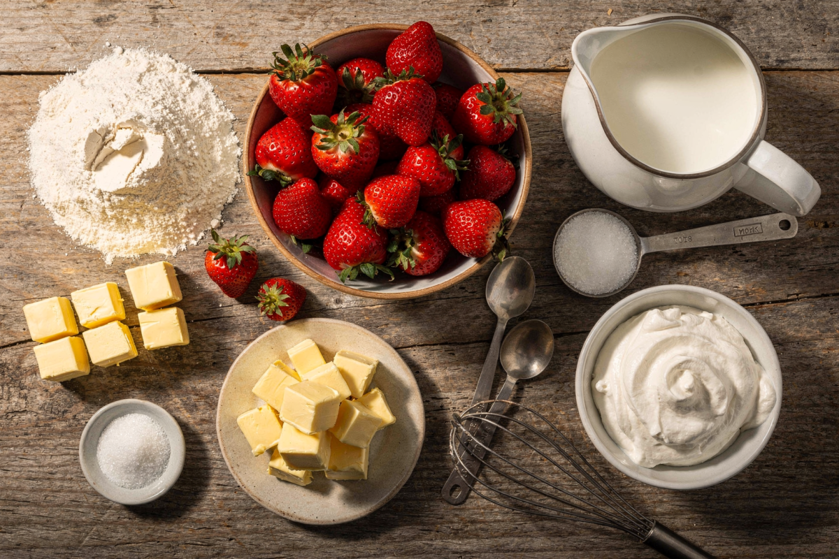 Ingredients laid out for making strawberry shortcake on a wooden kitchen counter