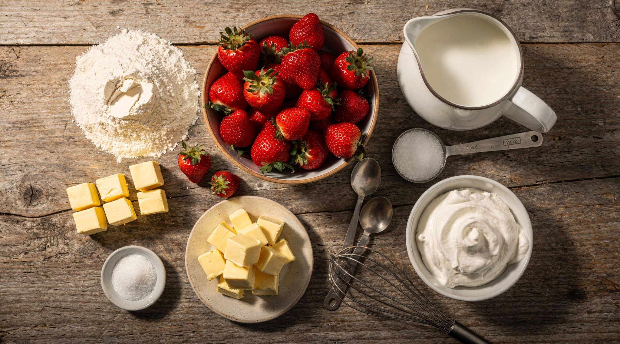 Ingredients laid out for making strawberry shortcake on a wooden kitchen counter