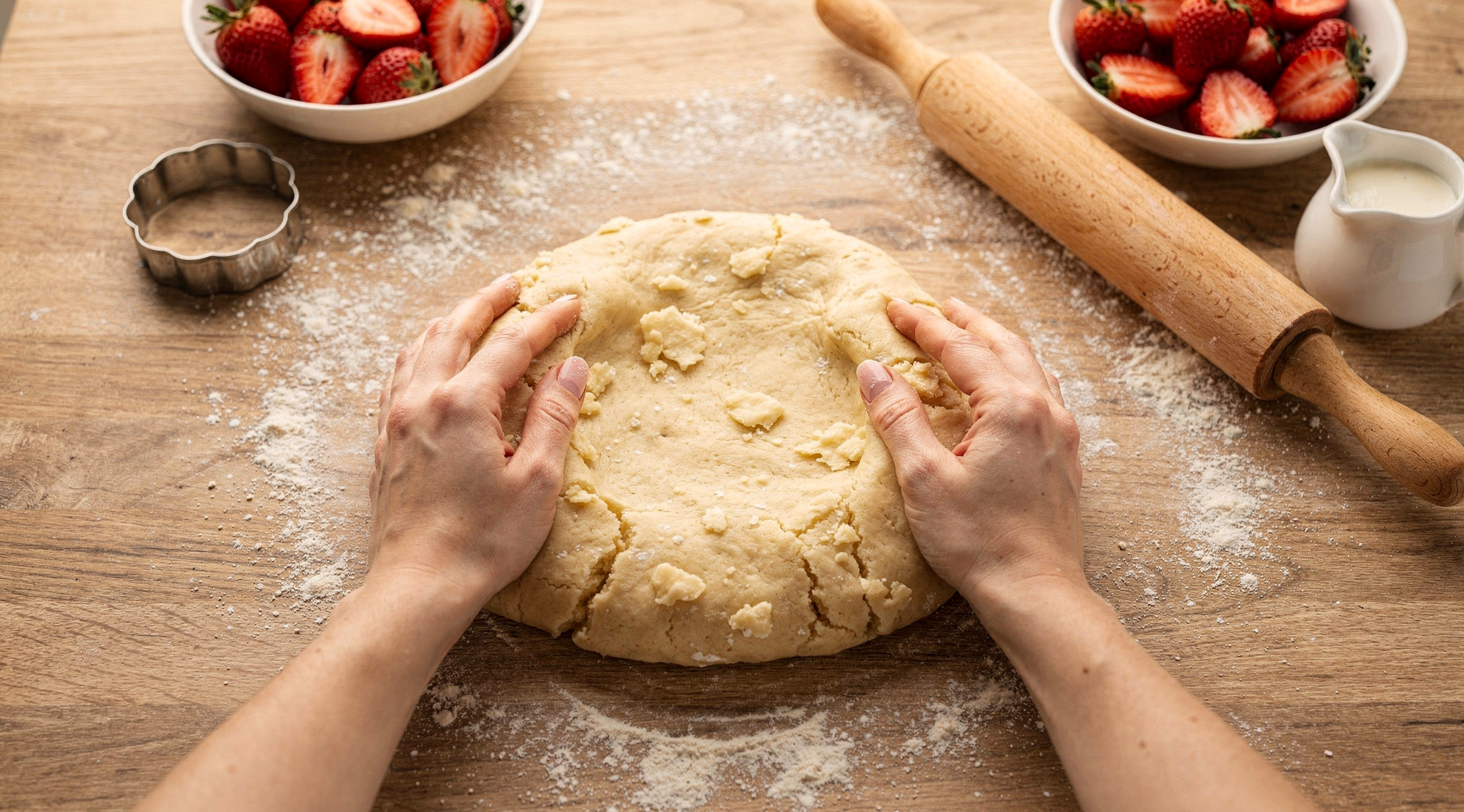 Kneading shortcake dough on a floured surface for strawberry shortcake