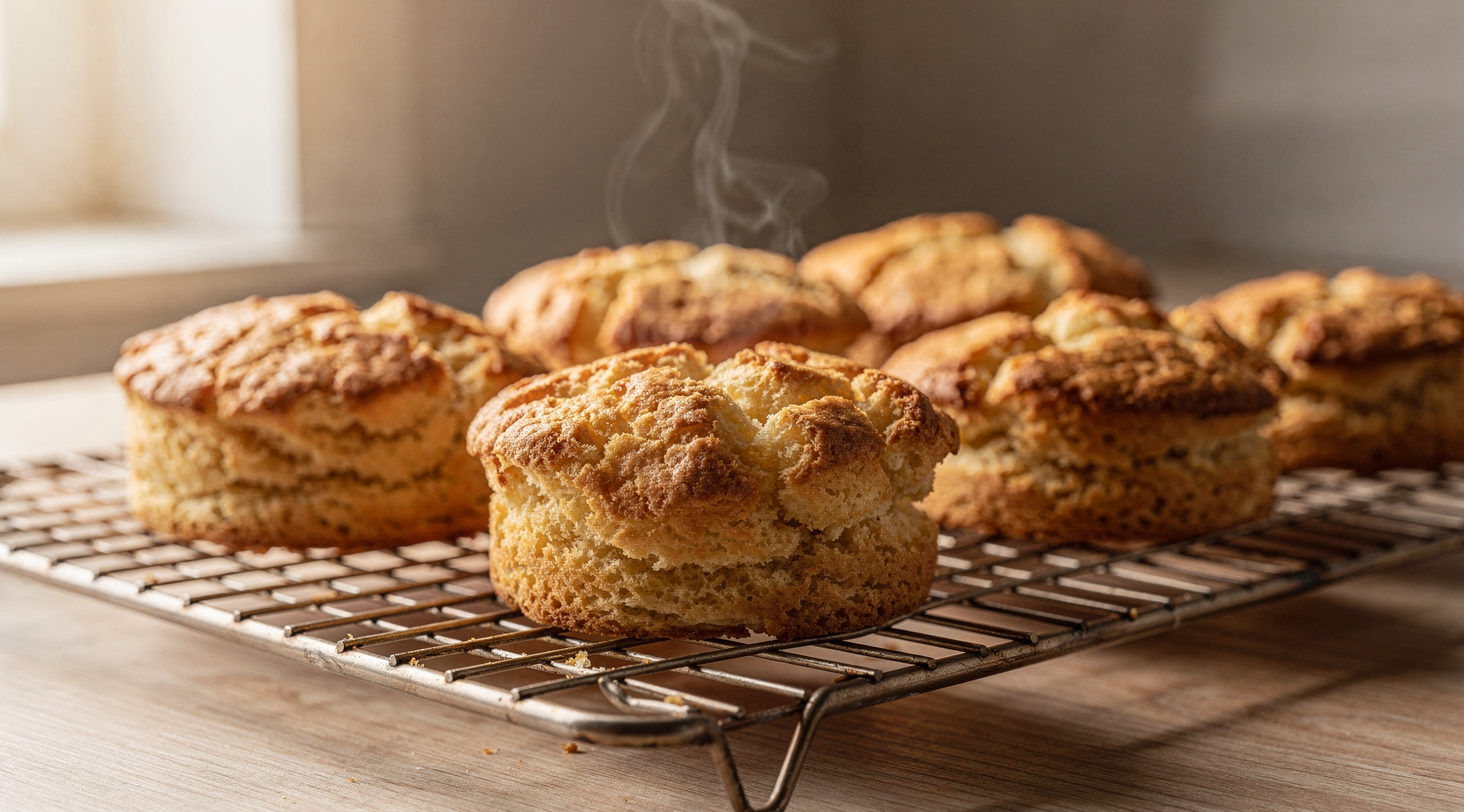 Golden baked shortcakes cooling on a wire rack