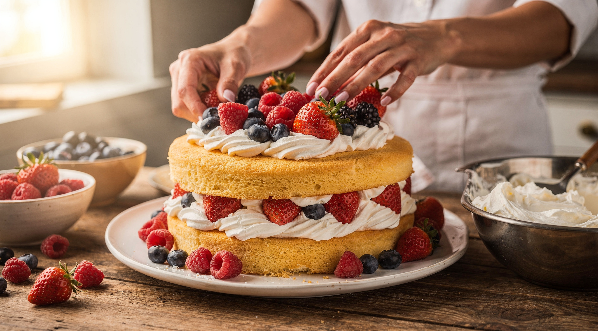 Assembling a strawberry shortcake with whipped cream and berries