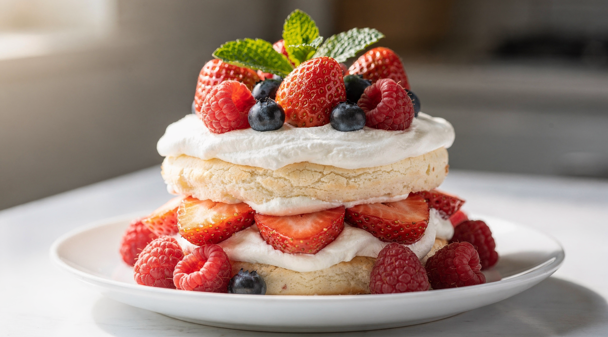 Finished strawberry shortcake garnished with mint and fresh berries